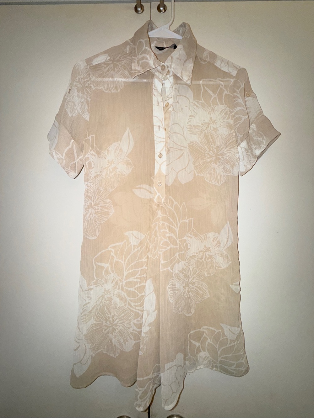 New York & Company Beige and White Floral Button-Down Shirt